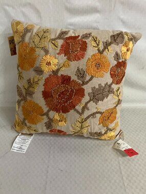 NWT Devi Designs Throw Pillow Unisex 15x15 Multicolor Floral Embroidered Cotton